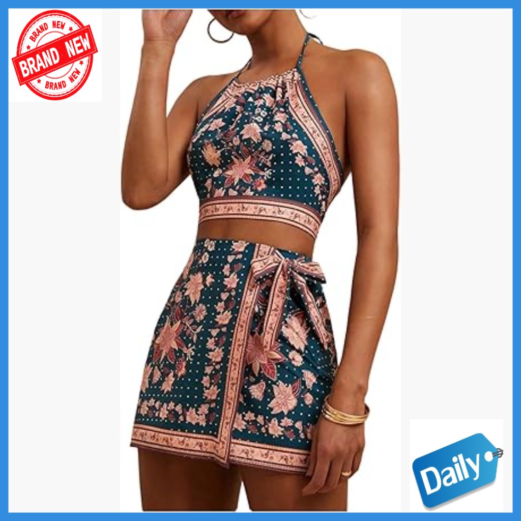 Boho Two Piece Set Halter Crop Top Wrap Skirt Skort Summer Outfit Medium